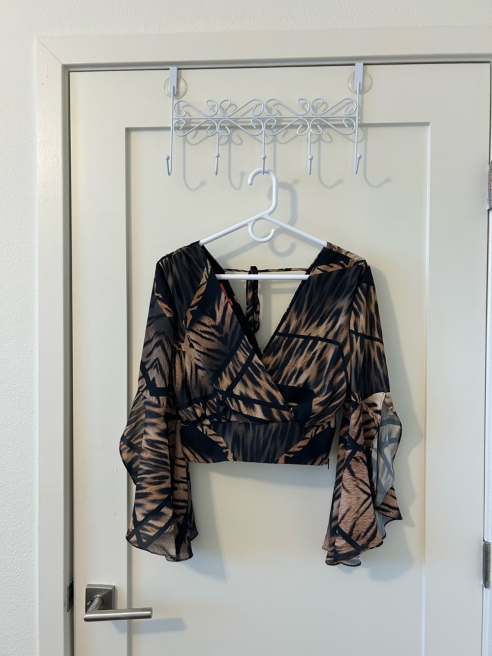 Womens Black and Brown Printed Wrap Crop Top